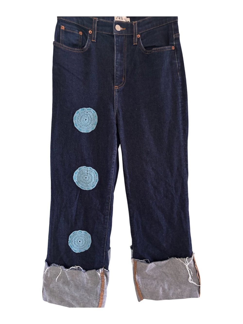 Zara Dark Blue Straight-Leg Jeans with Light Blue Crochet Accents